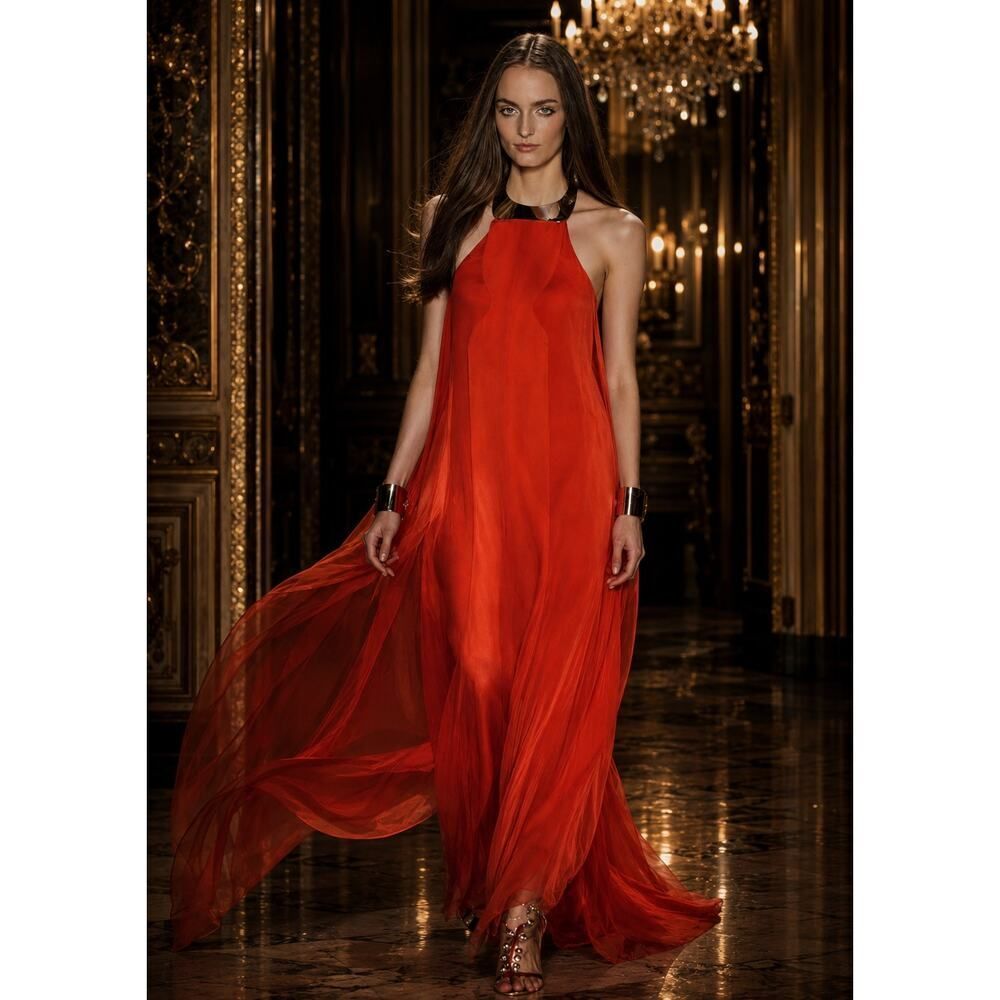 Diane von Furstenberg Yakira Silk Chiffon Goddess Gown Metallic Cuff Runway Gown